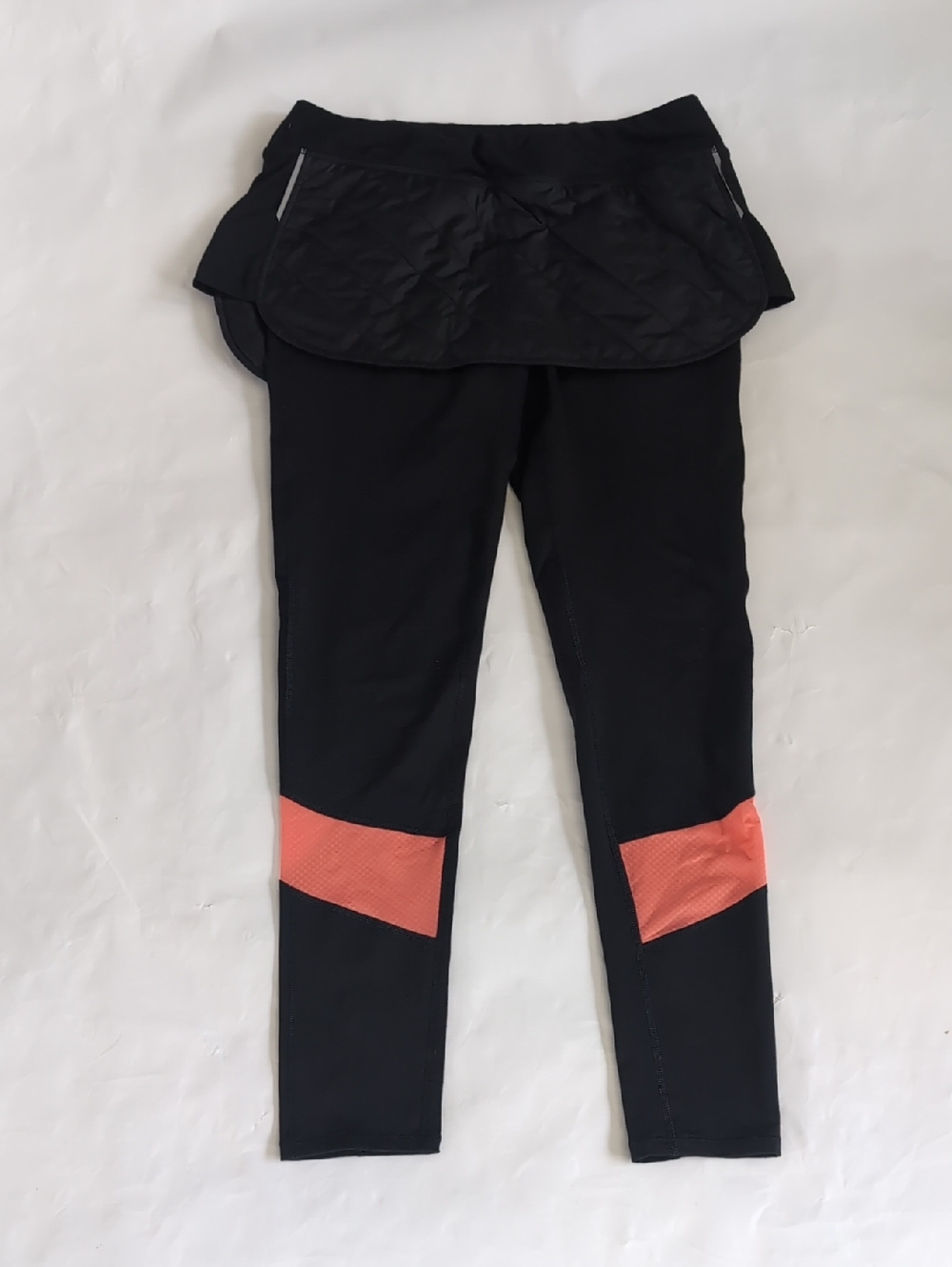 Lucy Black Leggings with Coral Knee Panels and Skirt Overlay - S